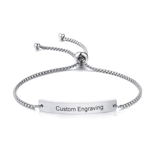 MeMeDIY Personalisiertes Armband Gravur Name/Datum/Koordinaten für Frauen/Freundin/beste Freundin/Brautjungfer Rostfreier Stahl Bar-Armband mit Geburtsstein Verstellbare Kette #07 von MeMeDIY