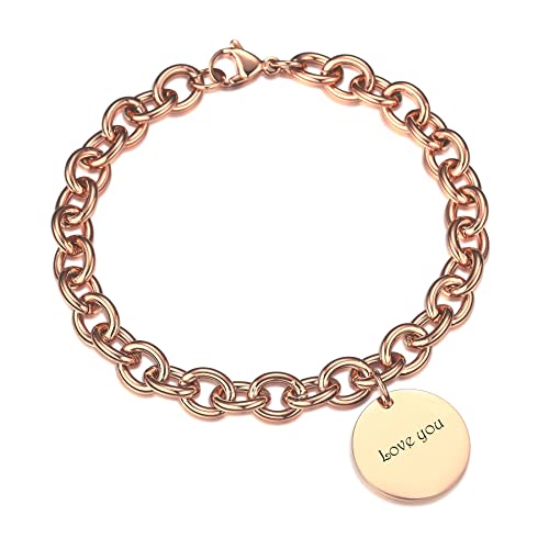 MeMeDIY Personalisiertes Bettelarmband Geburtstagsgeschenke für Frauen Kundenspezifische Gravur Name/Datum/Initiale Runde & Liebe Herzförmiges Charm Tag Edelstahl Verstellbare Armbänder für Paare von MeMeDIY