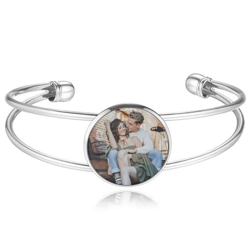 MeMeDIY Personalisiertes Foto Armband für Frauen Eingraviertes Bild Text Name Gold/Silber/Schwarz offener Armreif Herzförmiges Armband Individueller Schmuck Geschenk für Mutter Ehefrau Freundin - A1 von MeMeDIY