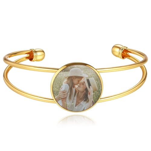 MeMeDIY Personalisiertes Foto Armband für Frauen Eingraviertes Bild Text Name Gold/Silber/Schwarz offener Armreif Herzförmiges Armband Individueller Schmuck Geschenk für Mutter Ehefrau Freundin - A2 von MeMeDIY