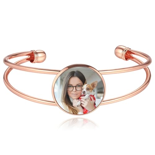 MeMeDIY Personalisiertes Foto Armband für Frauen Eingraviertes Bild Text Name Gold/Silber/Schwarz offener Armreif Herzförmiges Armband Individueller Schmuck Geschenk für Mutter Ehefrau Freundin - A3 von MeMeDIY