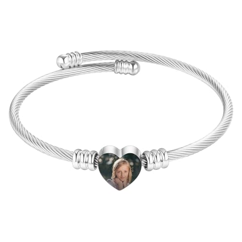 MeMeDIY Personalisiertes Foto Armband für Frauen Eingraviertes Bild Text Name Gold/Silber/Schwarz offener Armreif Herzförmiges Armband Individueller Schmuck Geschenk für Mutter Ehefrau Freundin - B1 von MeMeDIY