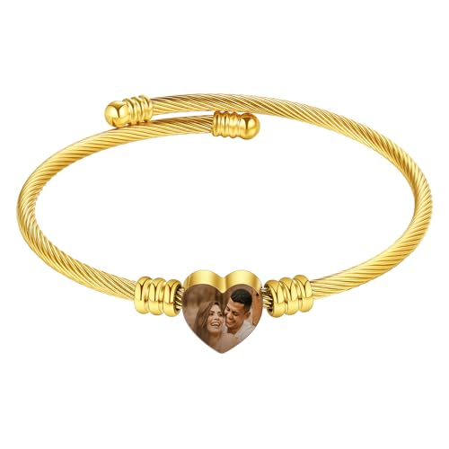 MeMeDIY Personalisiertes Foto Armband für Frauen Eingraviertes Bild Text Name Gold/Silber/Schwarz offener Armreif Herzförmiges Armband Individueller Schmuck Geschenk für Mutter Ehefrau Freundin - B2 von MeMeDIY