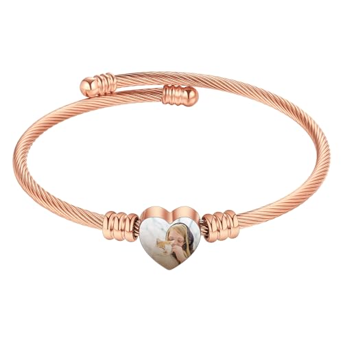 MeMeDIY Personalisiertes Foto Armband für Frauen Eingraviertes Bild Text Name Gold/Silber/Schwarz offener Armreif Herzförmiges Armband Individueller Schmuck Geschenk für Mutter Ehefrau Freundin - B3 von MeMeDIY