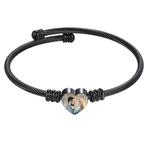 MeMeDIY Personalisiertes Foto Armband für Frauen Eingraviertes Bild Text Name Gold/Silber/Schwarz offener Armreif Herzförmiges Armband Individueller Schmuck Geschenk für Mutter Ehefrau Freundin - B4 von MeMeDIY