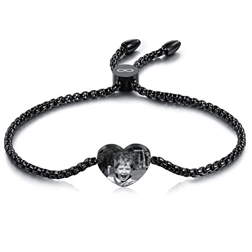 MeMeDIY Personalisiertes Herz Armband Angepasst Gravur Foto/Name/Datum für Frauen Mädchen den Besten Freund Edelstahl Zierliche Verstellbare Kastenkette Brautjungfer Geschenk (Schwarz) von MeMeDIY