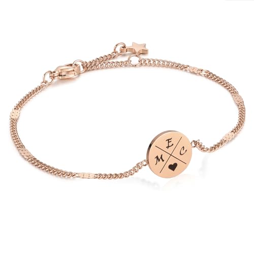 MeMeDIY Personalisiertes Kompass Armband mit Buchstaben Symbole Damen Freundschaftsarmband mit Gravur Initialen Silber Gold Roségold Schmuck Geschenk für BFF Schwesterherz Mutter Tochter -Roségold von MeMeDIY