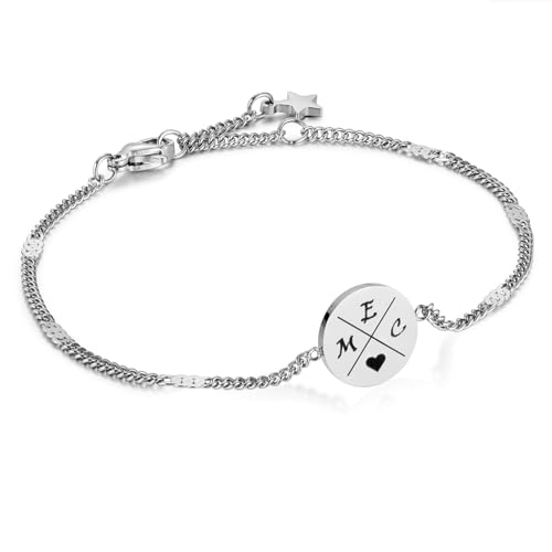 MeMeDIY Personalisiertes Kompass Armband mit Buchstaben Symbole Damen Freundschaftsarmband mit Gravur Initialen Silber Gold Roségold Schmuck Geschenk für BFF Schwesterherz Mutter Tochter -Silber von MeMeDIY