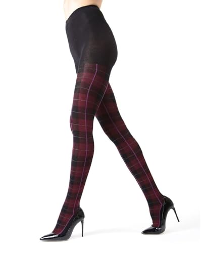 MeMoi Glasgow karierte Baumwollstrumpfhose für Damen, gemütlich, warm und modisch, gemustert, Größen S bis 6X, Burgunderrot Heather, 1X-2X von MeMoi
