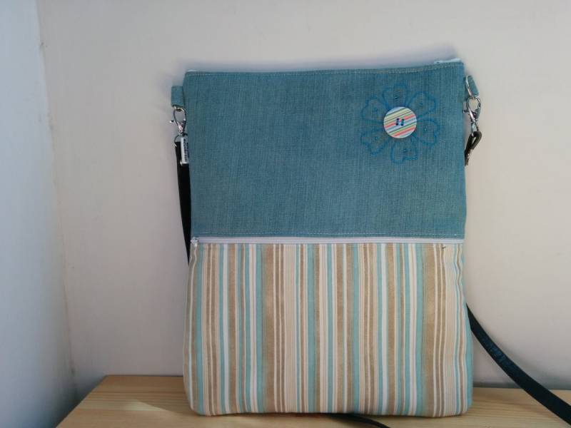 Leinwand-Tasche, Einkaufstasche, Stoff-Tasche, Umhängetasche, Reissverschlusstasche, Denim Tasche, Gestreifte Boho Jeans-Tasche, Bedruckt, Schwarze von MeSaleBordado