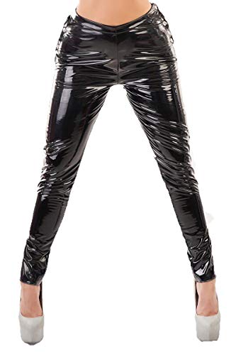 MeSeduce Schwarze Frauen Lack Hose glänzend Damen Wetlook Pants lang mit Druckknöpfen S/M von MeSeduce