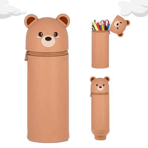 Kawaii Federmäppchen,2-in-1 Weiche Silikontasche,Cartoon Federmäppchen,Stand up federmäppchen,Tier-Stifthalter,Stiftetasche Buntstifte Marker,Tischstifthalter für Schule Home Office Supplies(Braunbär) von MeYuxg
