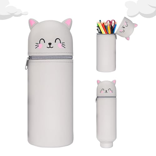 MeYuxg Kawaii Federmäppchen,2-in-1 Weiche Silikontasche,Cartoon Federmäppchen,Stand up federmäppchen,Tier-Stifthalter,Stiftetasche Buntstifte Marker,Tischstifthalter für Office Supplies (Graue Katze) von MeYuxg