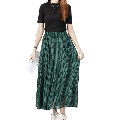 MeadowLina Damenrock aus reiner Baumwolle, geometrischer Druck, schwingender Rock, elastischer Bund, stilvoller Vollkreis, Midirock, Grün , Einheitsgröße von MeadowLina