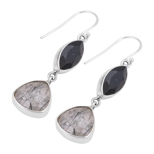 Black Onyx & Black Rutile Earring, 925 Sterling Silver Earring, Bohemian Women Gift Earrings von Meadows