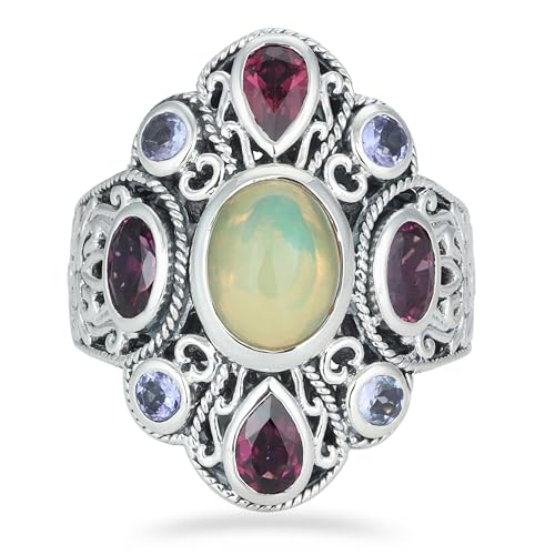 Ethiopian Opal, Rhodonite & Blue Topaz Ring, 925 Sterling Silver Ring, Unique Ring For Her, Ring Size 10 USA von Meadows
