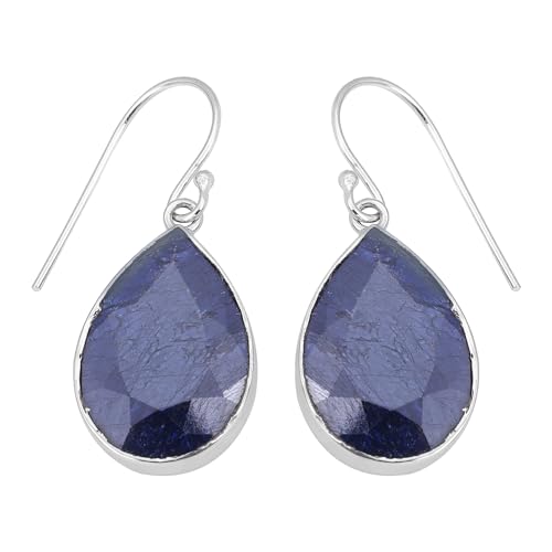 Facted Blue Sapphire Earring aus 925 Sterling Silber, handgefertigt, Bohemian-Schmuck, 35x14mm, Sterling Silber, Blue Sapphire von Meadows