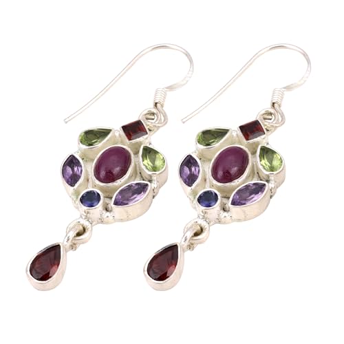 Handmade Designer Multi Gemstone Earring, 925 Sterling Silver Earring, Women Gift Earrings von Meadows