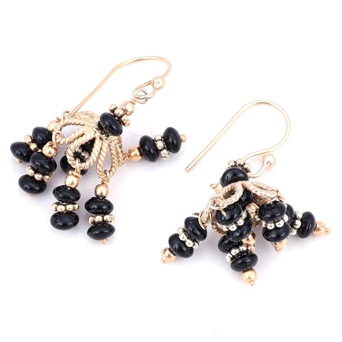 Jhumka-Ohrringe, mit Onyx-Perlen, handgefertigt, Jhumki-Ohrringe für Damen, Gelbgold, vergoldet 925, Silber, 39x12mm, Sterling Silber, Black Onyx von Meadows