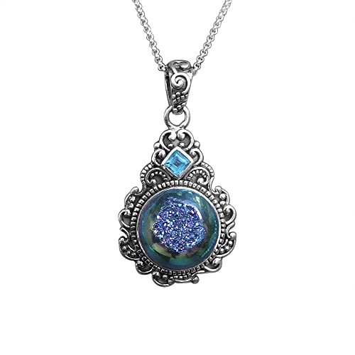 Meadows Natürlicher Durzy & Blauer Topas Edelstein Silber 925 Sterling Halskette Handgemacht Zwei Stein Oxidierter Silber Anhänger, von Meadows