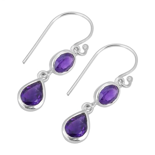 Minimalist Amethyst Dangle Ohrstecker, handgefertigt, für Damen, 925 Sterling Silber, 35x7MM, Sterling Silber, Amethyst von Meadows