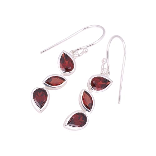 Red Garnet Dangle Earring, Three Stone Handmade 925 Sterling Silver Earring, Bohemian Earring von Meadows