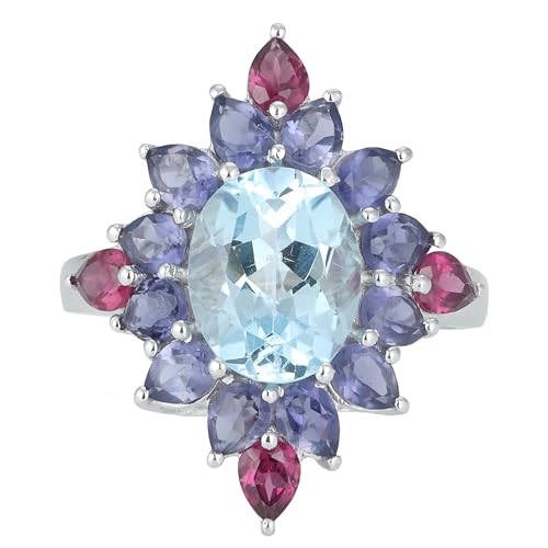 Sky Blue Topaz, Iolite & Rhodolite Ring, 925 Sterling Silver Ring, Unique Combination Ring, Size 7 USA von Meadows