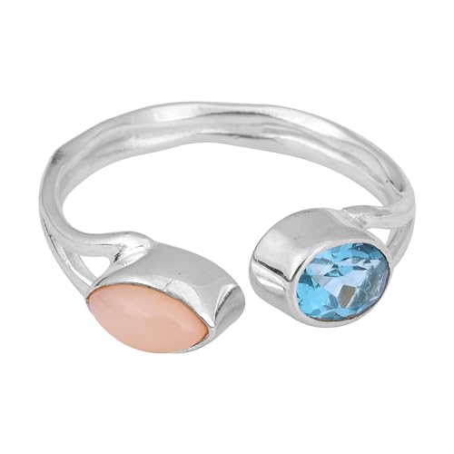 Sky Blue Topaz & Peach Moonstone Ring, Adjustable 925 Sterling Silver Ring, Size 10 USA von Meadows