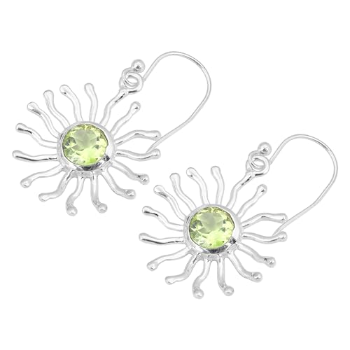 Sun Shape Peridot Dangle Ohrstecker, Designer-Ohrringe für Damen, 925 Sterling Silber, 35x20mm, Sterling Silber, Peridot von Meadows