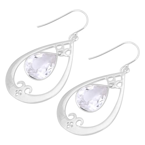 White Crystal Quartz Dangle Ohrstecker, Designer 925 Sterling Silber, für Damen, Statement Earring, 48x25mm, Sterling Silber, Weißer Kristallquarz von Meadows