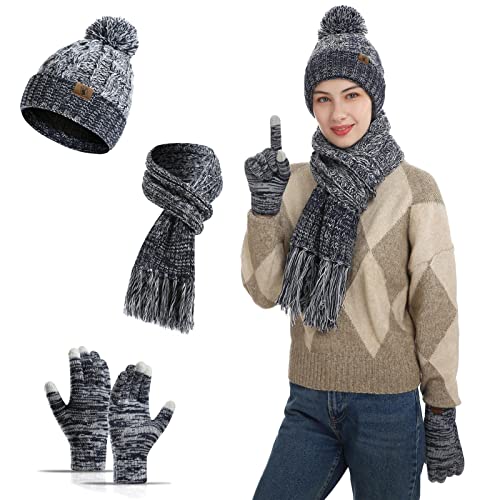 Meajore MüTze Schal Handschuhe Damen Set 3 in 1 Winter Warm Beanie Touchscreen Handschuh Und Lang Schal StrickmüTze Set von Meajore