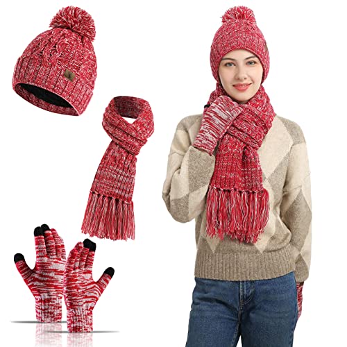 Meajore MüTze Schal Handschuhe Damen Set 3 in 1 Winter Warm Beanie Touchscreen Handschuh Und Lang Schal StrickmüTze Set von Meajore