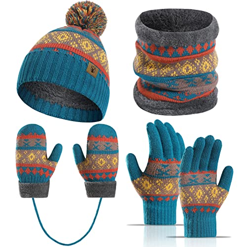 Meajore Kinder Mütze Schal Handschuhe Set für 3-8 Jahre Mädchen Jungen, Kleinkinde 4 in 1 Kinder Winter Set Fleece Gefüttert Strickmütze Halswärmer Gamasche von Meajore