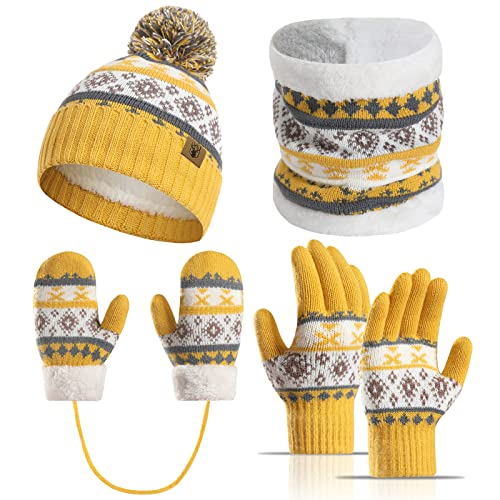 Meajore Kinder Mütze Schal Handschuhe Set für 3-8 Jahre Mädchen Jungen, Kleinkinde 4 in 1 Kinder Winter Set Fleece Gefüttert Strickmütze Halswärmer Gamasche von Meajore