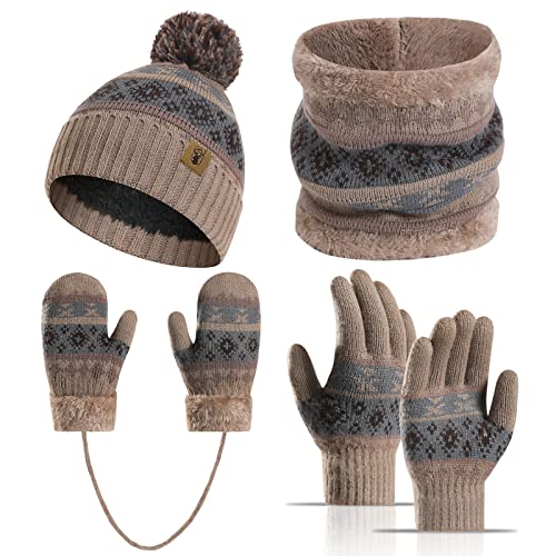 Meajore Kinder Mütze Schal Handschuhe Set für 3-8 Jahre Mädchen Jungen, Kleinkinde 4 in 1 Kinder Winter Set Fleece Gefüttert Strickmütze Halswärmer Gamasche von Meajore