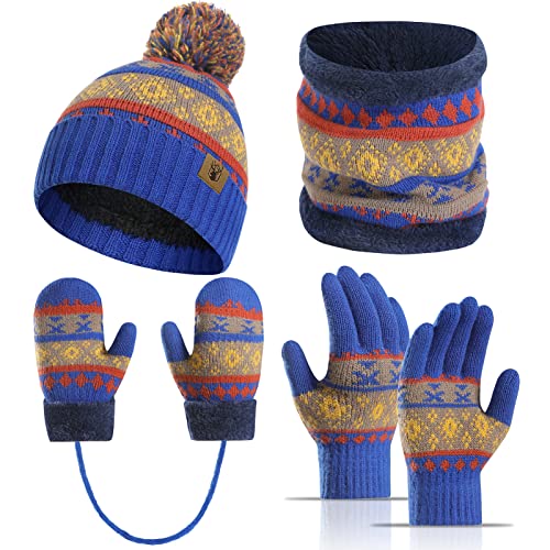 Meajore Kinder Mütze Schal Handschuhe Set für 3-8 Jahre Mädchen Jungen, Kleinkinde 4 in 1 Kinder Winter Set Fleece Gefüttert Strickmütze Halswärmer Gamasche von Meajore