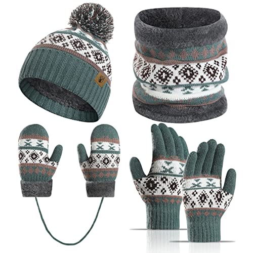 Meajore Kinder Mütze Schal Handschuhe Set für 3-8 Jahre Mädchen Jungen, Kleinkinde 4 in 1 Kinder Winter Set Fleece Gefüttert Strickmütze Halswärmer Gamasche von Meajore