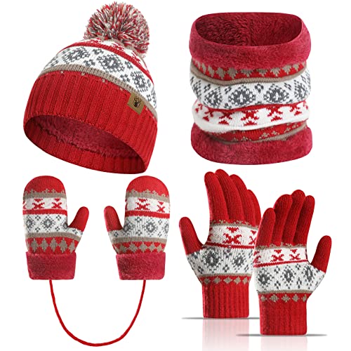 Meajore Kinder Mütze Schal Handschuhe Set für 3-8 Jahre Mädchen Jungen, Kleinkinde 4 in 1 Kinder Winter Set Fleece Gefüttert Strickmütze Halswärmer Gamasche von Meajore