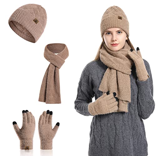 Meajore MüTze Schal Handschuhe Damen Set 3 In 1 Winter Warm Beanie Touchscreen Handschuh Und Lang Schal StrickmüTze Set von Meajore