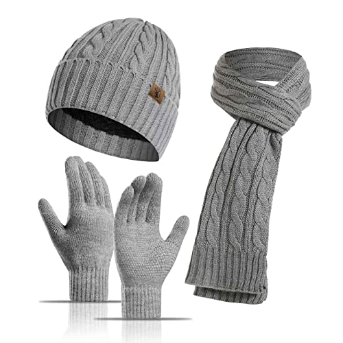 Meajore Mütze Schal Handschuhe Set für Damen & Herren 3 in 1 Winter Beanie Mütze Hals Warmer Schal Touchscreen Handschuhe Strickset von Meajore