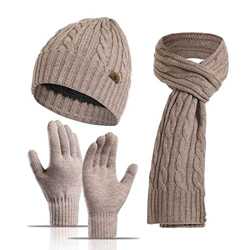 Meajore Mütze Schal Handschuhe Set für Damen & Herren 3 in 1 Winter Beanie Mütze Hals Warmer Schal Touchscreen Handschuhe Strickset von Meajore