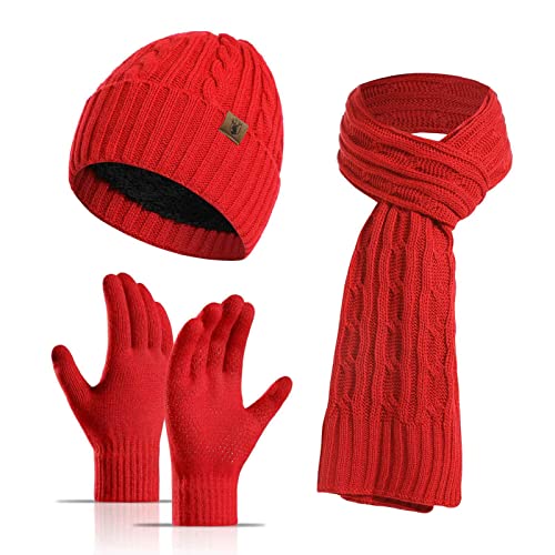 Meajore Mütze Schal Handschuhe Set für Damen & Herren 3 in 1 Winter Beanie Mütze Hals Warmer Schal Touchscreen Handschuhe Strickset von Meajore