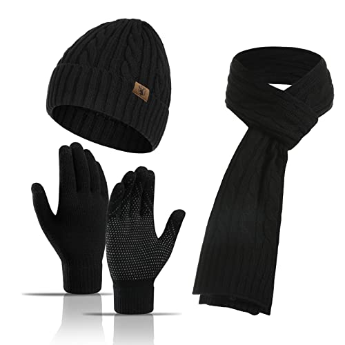 Meajore Mütze Schal Handschuhe Set für Damen & Herren 3 in 1 Winter Beanie Mütze Hals Warmer Schal Touchscreen Handschuhe Strickset von Meajore