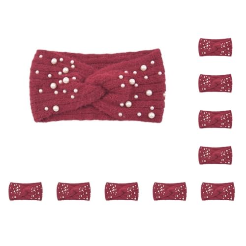 10 Set Look New Pearl gestrickte Kreuz-Stirnbänder leicht und tragbar Polyester Damen gestrickte Perlen Stirnband rutschfest stilvoll Jujube Rot von Mealoodiousmusea