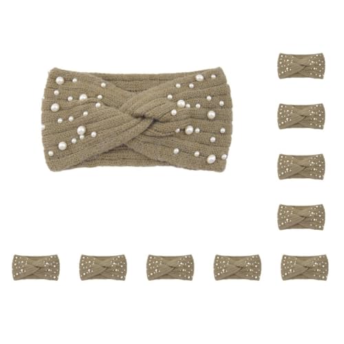 10 Set Look New Pearl gestrickte Kreuz-Stirnbänder leicht und tragbar Polyester Damen gestrickte Perlen Stirnband rutschfest stilvoll Khaki von Mealoodiousmusea