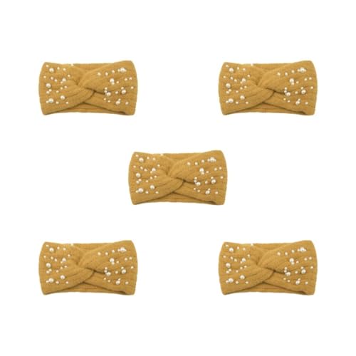 5 Set Look New Pearl gestrickte Kreuz-Stirnbänder leicht und tragbar Polyester Damen gestrickte Perlen Stirnband rutschfest stilvoll Kurkuma von Mealoodiousmusea