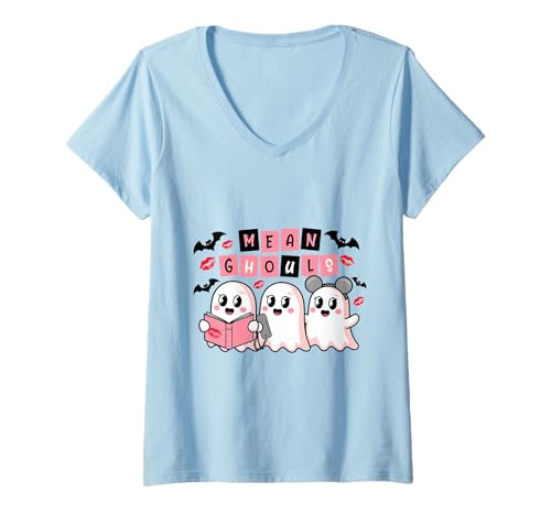 Damen Mean Ghouls Shirt mit niedlichen Geistern, Halloween-Gruppengrafik T-Shirt mit V-Ausschnitt von Mean Ghouls Tee Shirts for spooky girls and