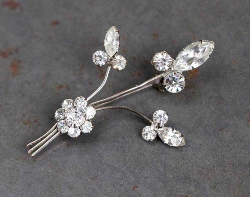 Glasblumen Brosche - Sterling Silber Und Strass Anstecknadel Vintage Oxidierter Schmuck von Meanglean