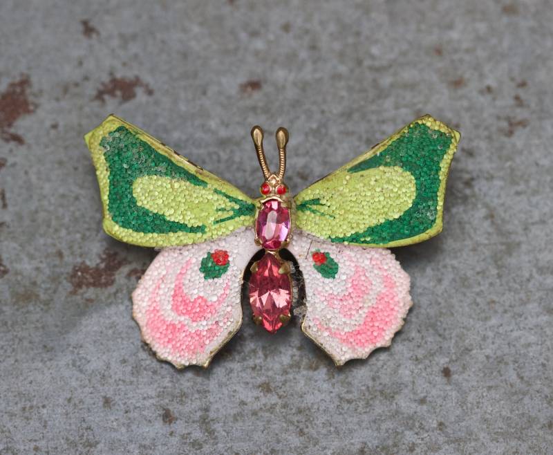 Schmetterling Anstecknadel - Rosa Und Grüne Jugendstil Brosche Vintage Frühlingsschmuck von Meanglean