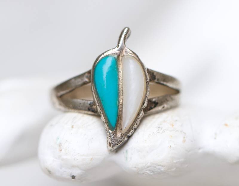 Vintage Sterling Silber Türkis Blatt Ring - Boho Schmuck, Größe 7, 5 von Meanglean
